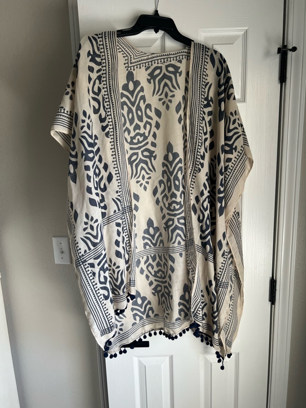 Beige and Black Patterned Kimono with Pom Trim